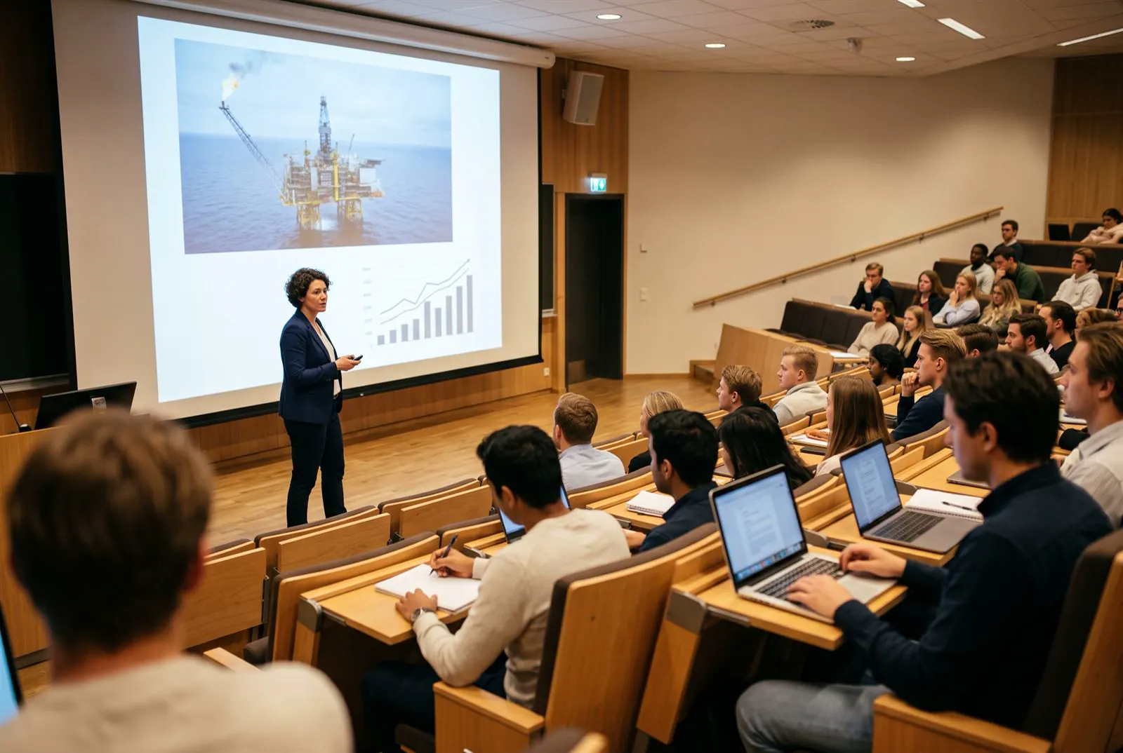 Studenter i et auditorium følger en bedriftspresentasjon om en plattform